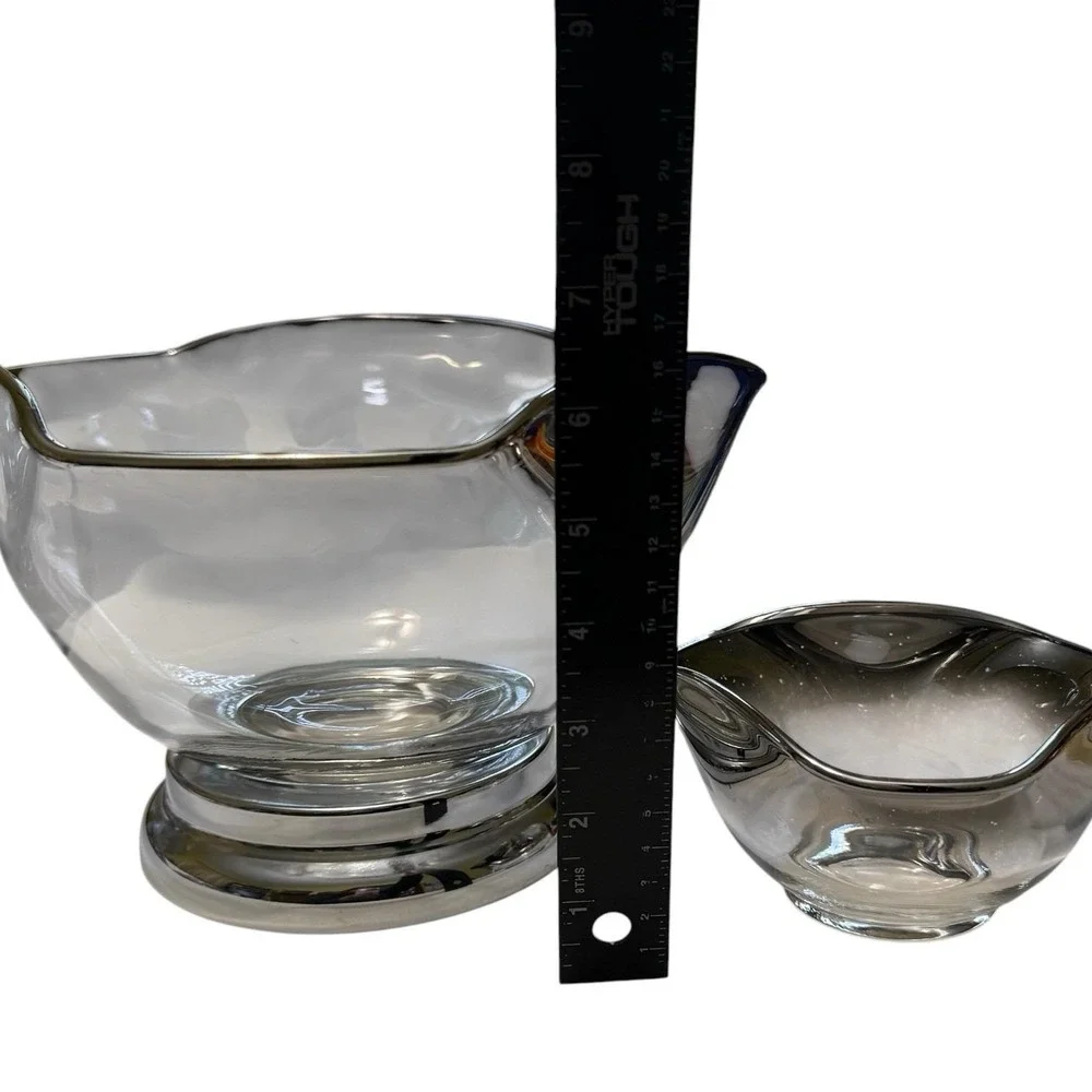 Vintage MCM Silver Fade Smoke Glass Serving Bowls Set of 2 Pedestal Ombre